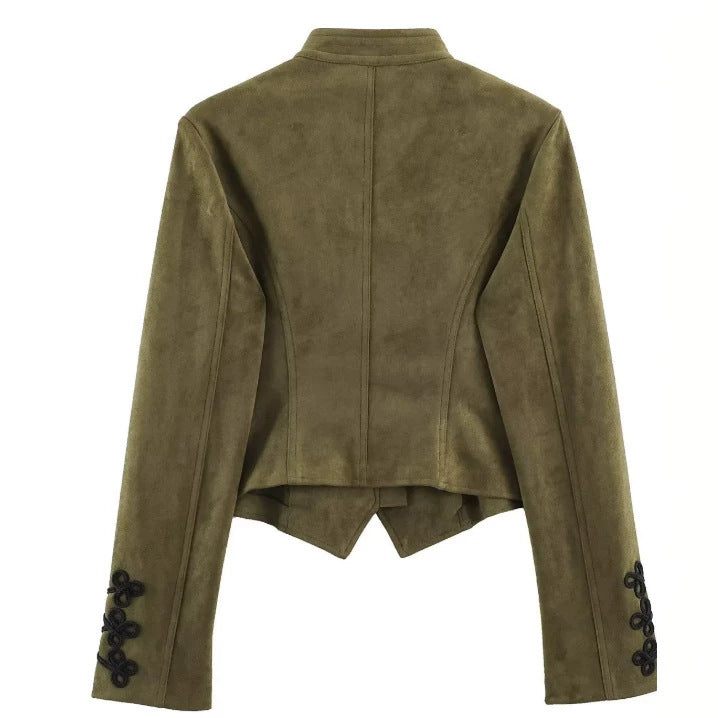 Damen Kurz geschnittene Wildlederjacke im Military‑Look mit Stehkragen und dekorativer Kordelfrosch‑Applikation Drune