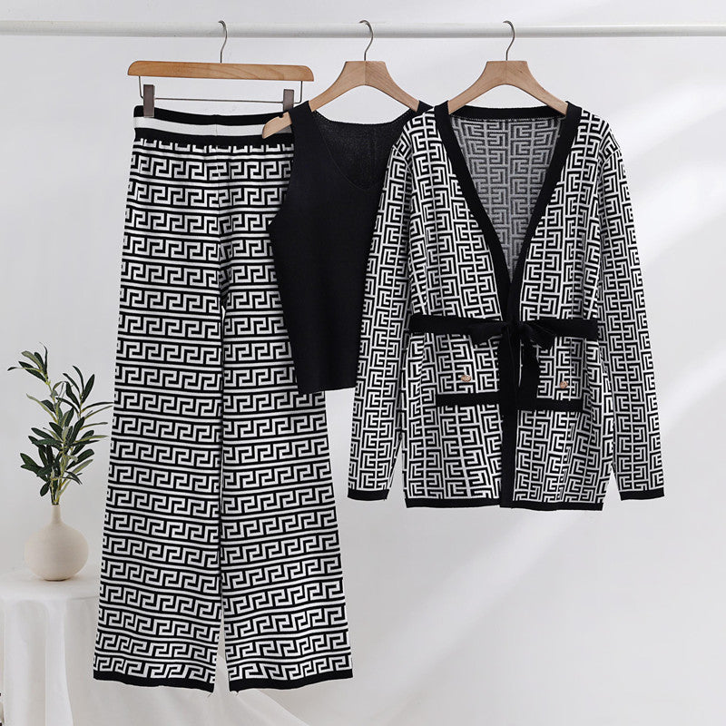 Damen modisches und luxuriöses Loungewear-Set mit elegantem Muster und praktischen Taschen Drune