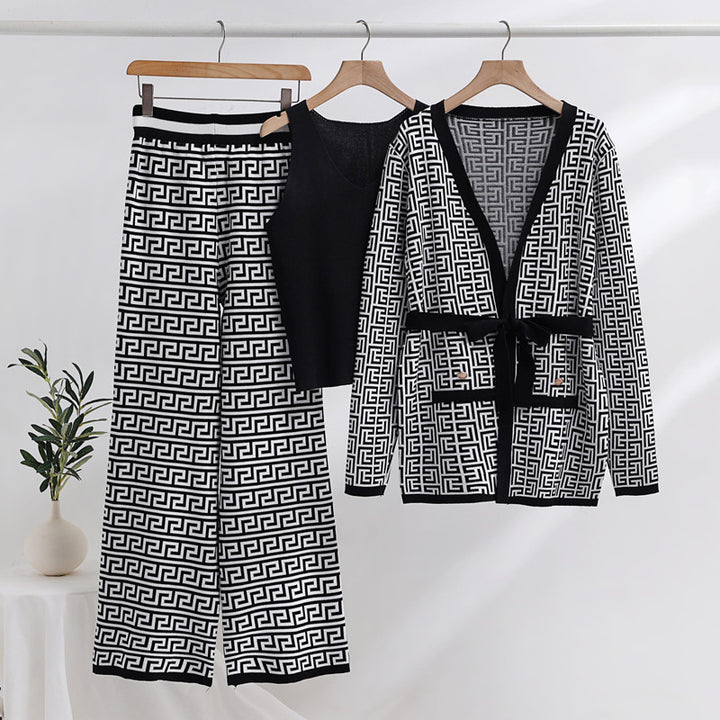 Damen modisches und luxuriöses Loungewear-Set mit elegantem Muster und praktischen Taschen Drune