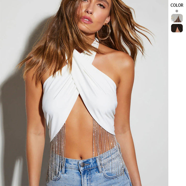 Damen Trendiges Top mit funkelnden Fransen und Wickeldesign Drune