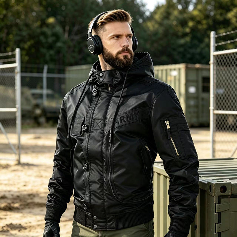Herren Militärinspirierte Kapuzen-Bomberjacke mit Utility-Taschen Drune