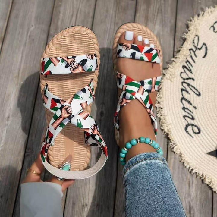 Damen nan flache Espadrille-Riemchensandalen mit geflochtenem Bastrand, elastischem Fersenband und gekreuzten Ethno-Riemen Drune