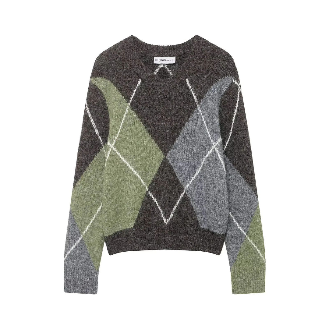 Damen nan großkaro Strickpullover mit Rundhals, oversized Passform und geripptem Saum Drune