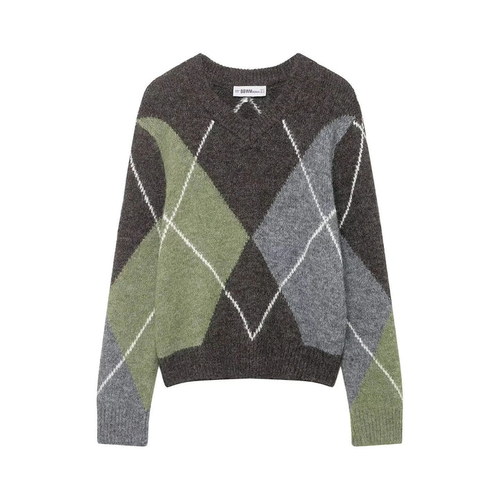 Damen nan großkaro Strickpullover mit Rundhals, oversized Passform und geripptem Saum Drune