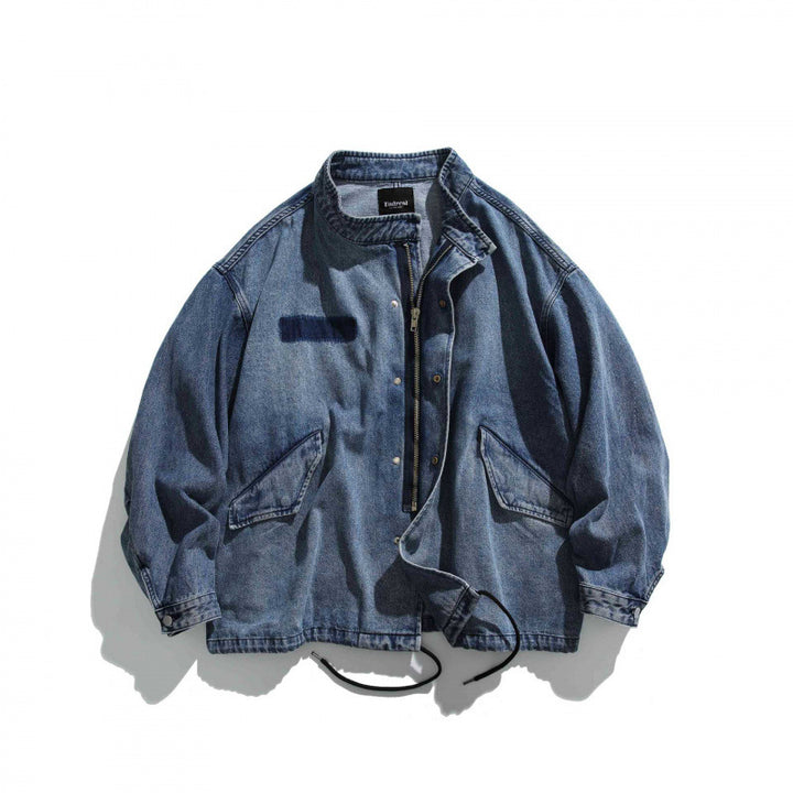 Herren Oversize-Jeansjacke mit Stehkragen, aufgesetzten Taschen und Tunnelzug Drune