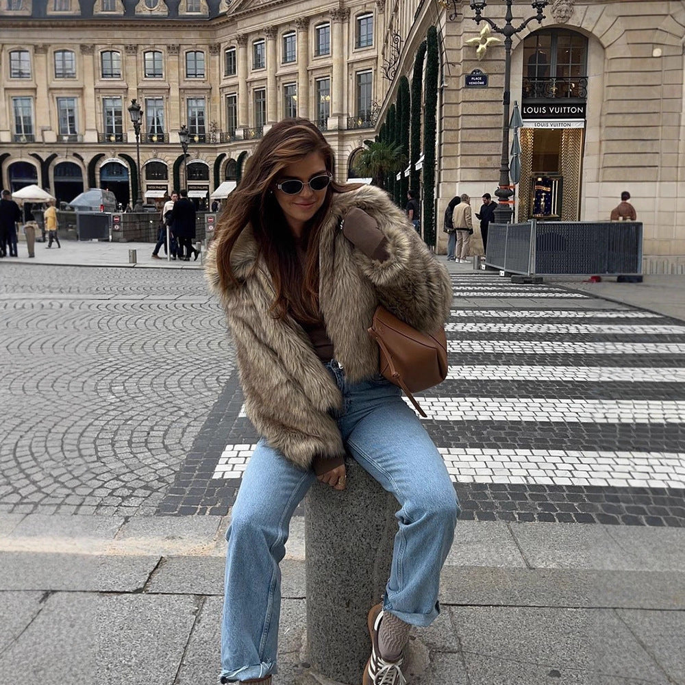 Damen Kurz geschnittener Faux‑Fur Boxy‑Mantel mit Kapuze und Reißverschluss Drune