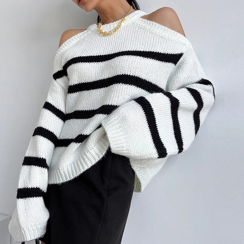 Damen Oversized Pullover mit offenem Schulterdesign und Streifenmuster Drune