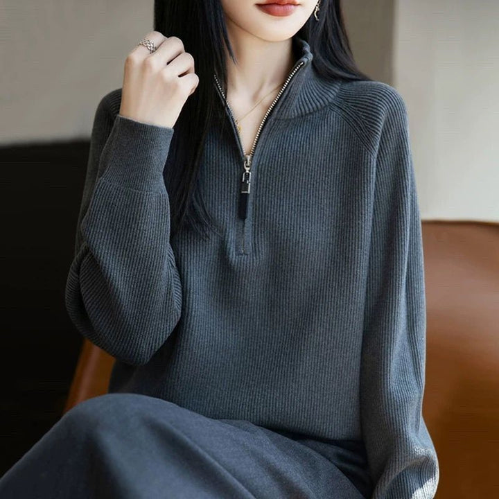 Damen modischer Pullover mit hohem Kragen und Reißverschluss Drune