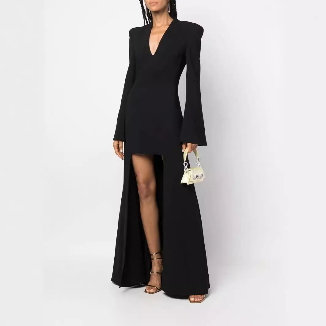 Damen Maxikleid im Blazerstil mit markanten Schulterpolstern, taillierter Silhouette und hohem Beinschlitz Drune