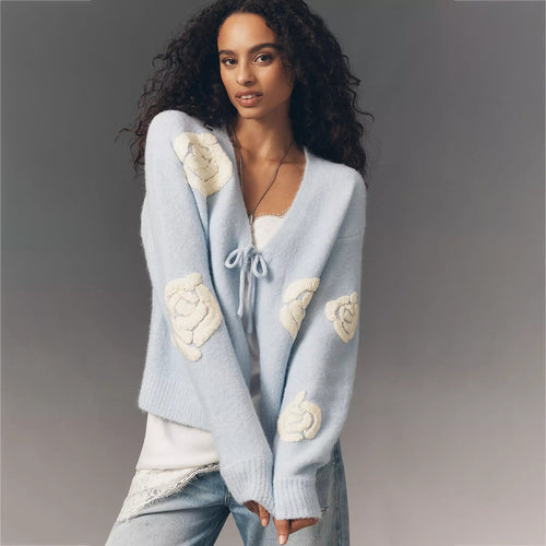 Damen Kuscheliger Mohair-Cardigan mit Zierblumen-Applikationen Drune