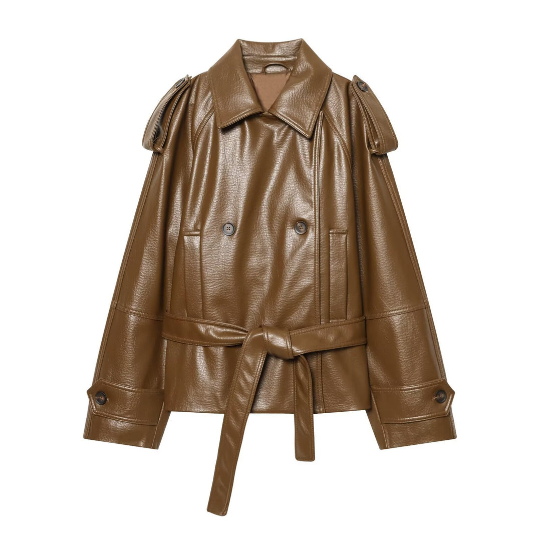 Damen Kurztrenchcoat aus Lederimitat mit Taillengürtel und Schulterklappen Drune