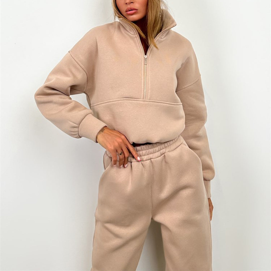 Damen nan cropped Half-Zip Fleece-Set zweiteilig mit hohem Bund und elastischen Bündchen Drune