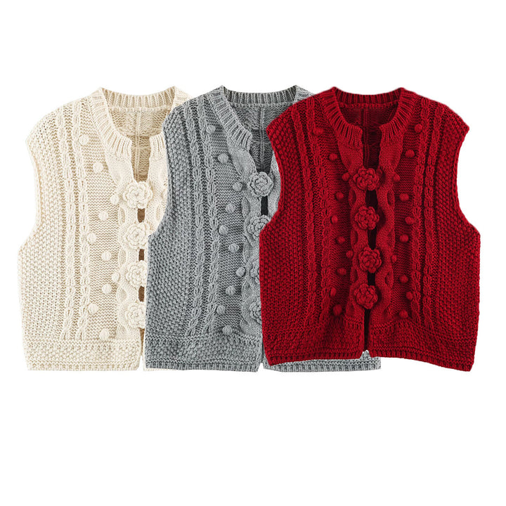Damen Strickweste mit Zopfmuster, Blumenapplikationen und Noppenstruktur Drune