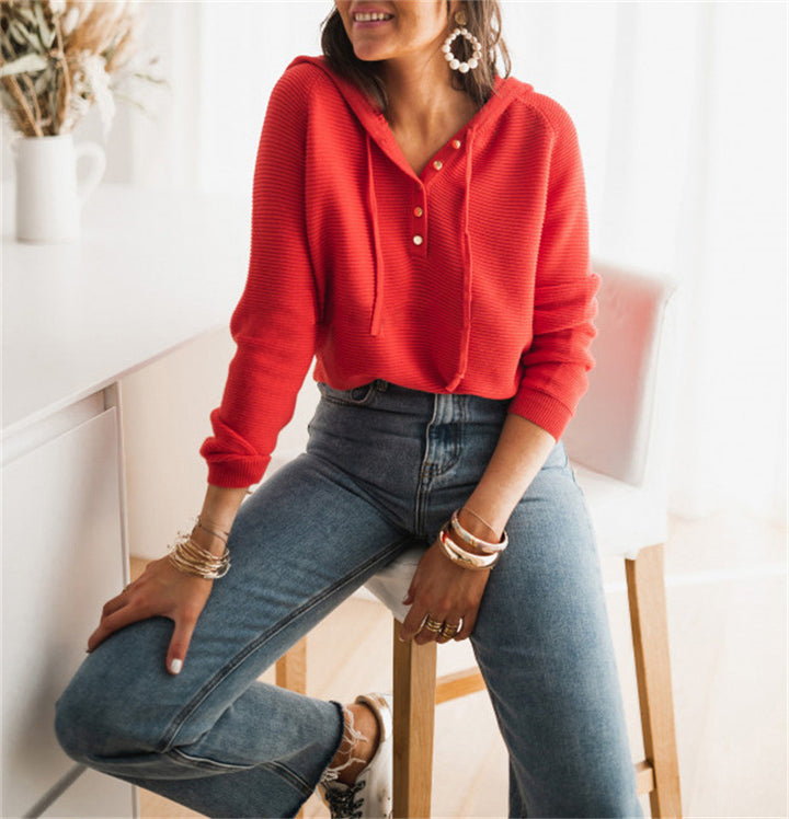 Damen Kurzarm Hoodie mit modernen Knopfdetails und elastischen Saum Drune