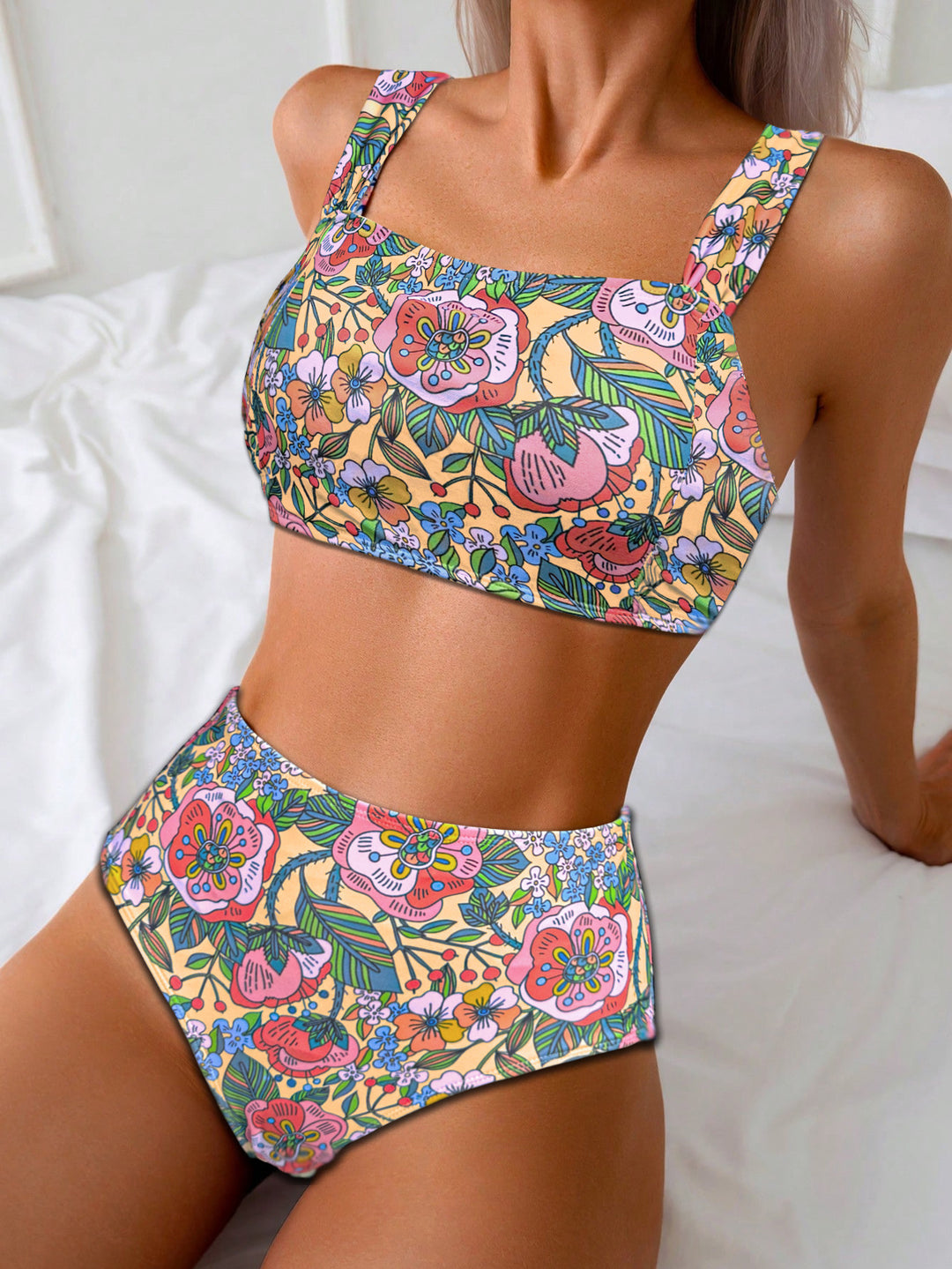 Damen Hochgeschnittener Bikini mit Blumenmuster und breiten Trägern Drune
