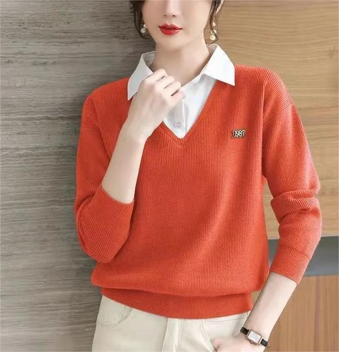 Damen eleganter V-Ausschnitt Pullover mit Hemdkragen Drune