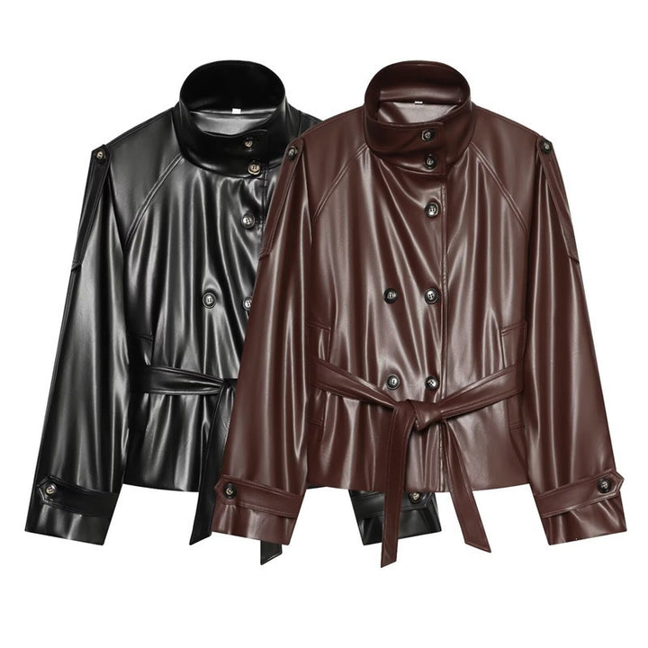 Damen Cropped Kunstlederblouson mit Hochkragen, doppelter Knopfleiste und Bindegürtel Drune