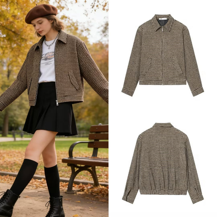 Damen Boxy-Kurzjacke aus Wollmix mit Hahnentrittmuster, Reißverschluss und Hemdkragen Drune