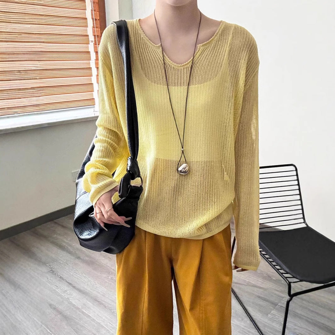Damen luftiger Strickpullover mit V-Ausschnitt und lässigem Schnitt Drune