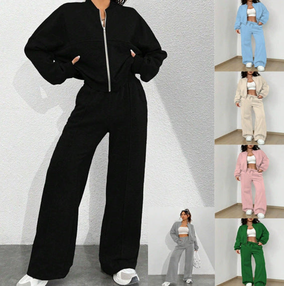 Damen Loungewear-Set mit kurzem Reißverschluss-Bomber und weiter High-Waist Jogginghose Drune