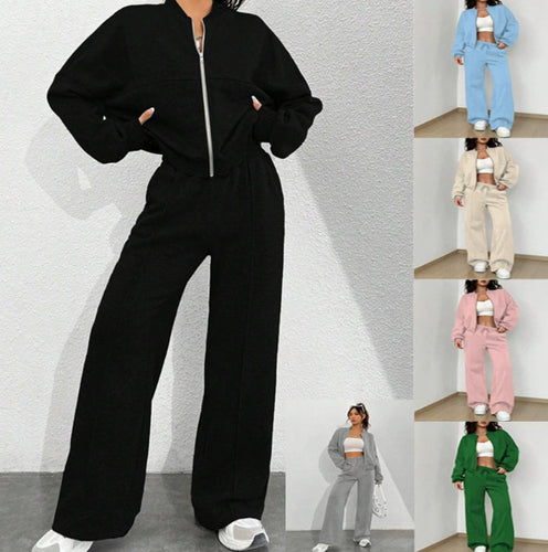 Damen Loungewear-Set mit kurzem Reißverschluss-Bomber und weiter High-Waist Jogginghose Drune