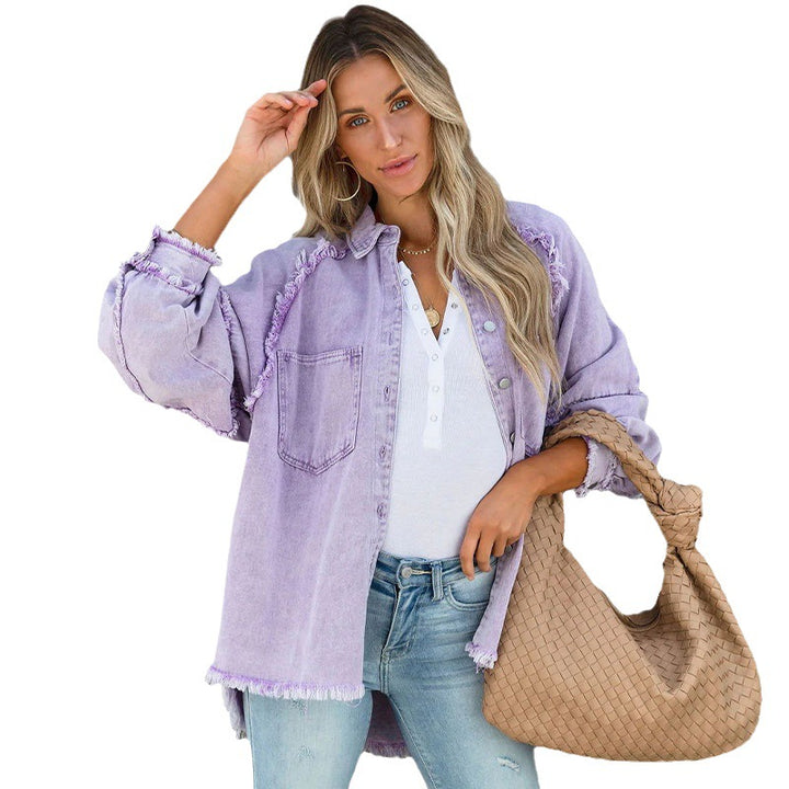 Damen Lässige Denim-Übergangsjacke im Vintage-Stil mit fransigen Details Drune