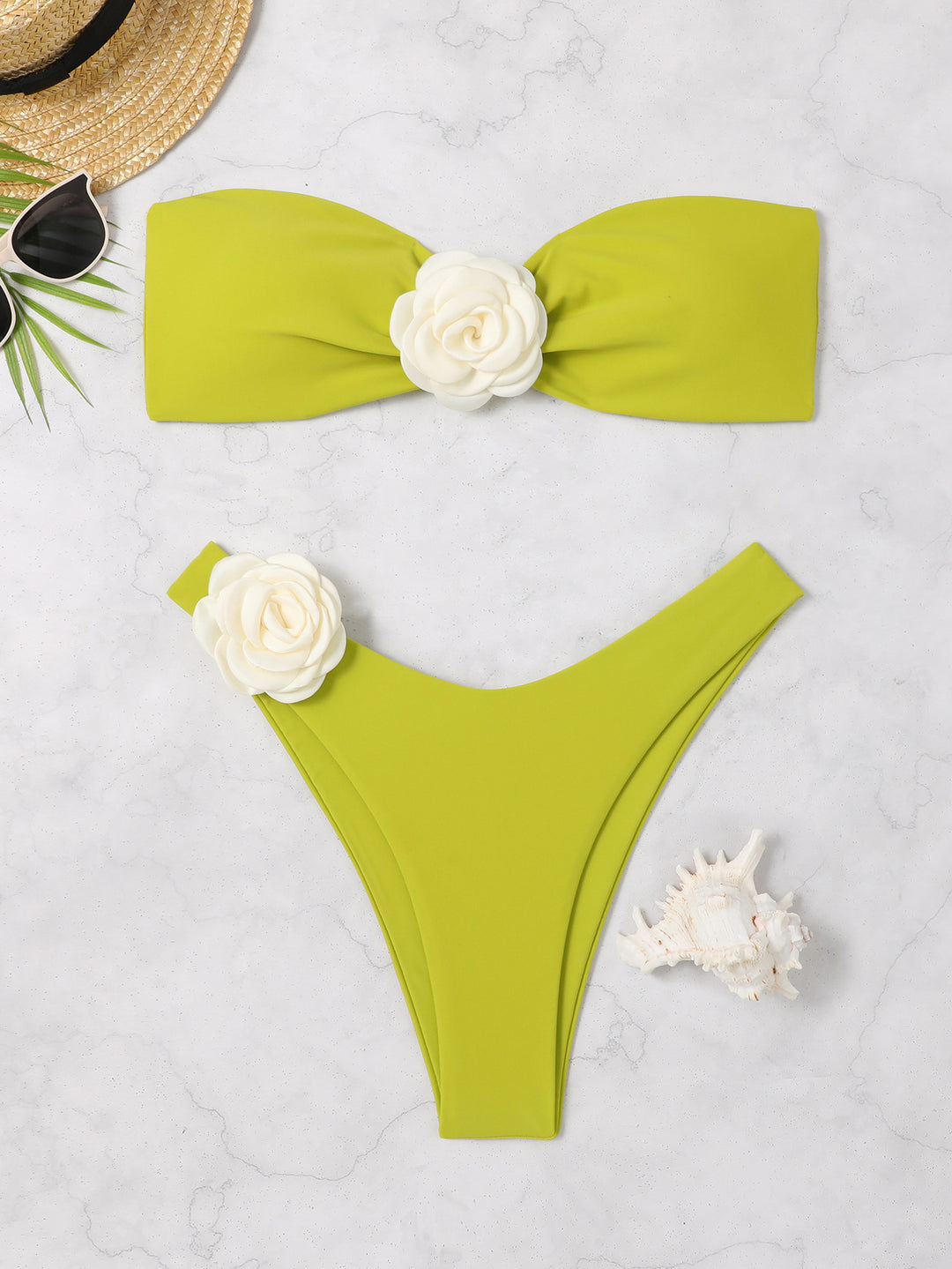 Damen Bandeau Bikini mit eleganter Blütenverzierung Drune