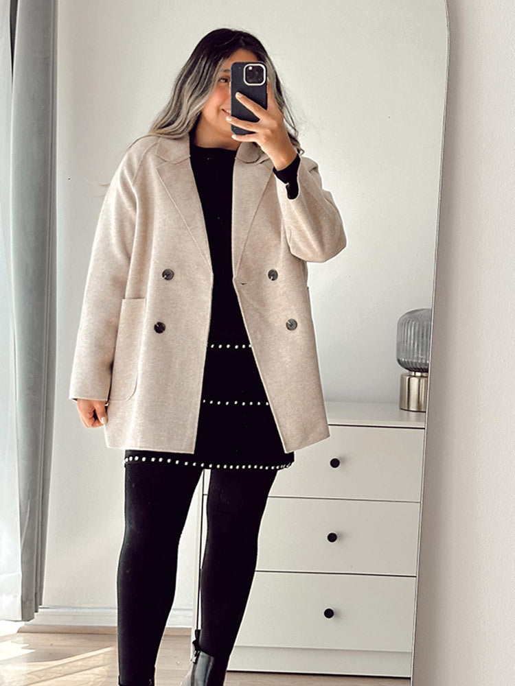 Damen Boxy-Wollmix-Cocoon-Jacke mit doppelreihiger Knopfleiste und weitem Revers Drune