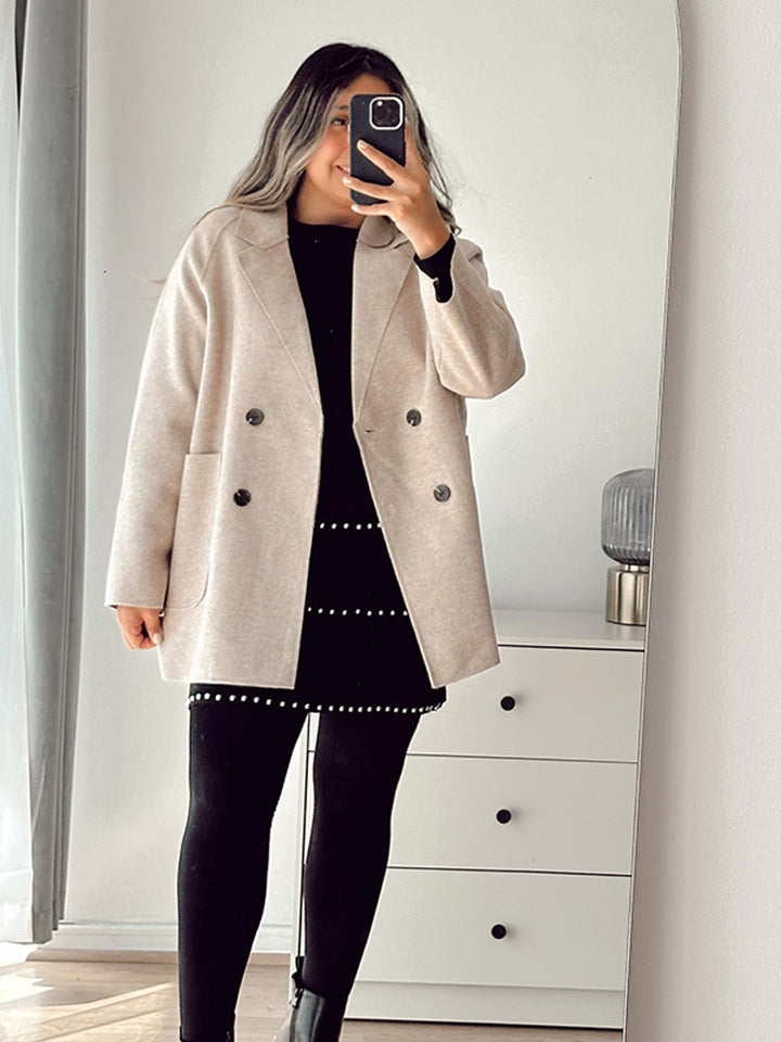 Damen Boxy-Wollmix-Cocoon-Jacke mit doppelreihiger Knopfleiste und weitem Revers Drune