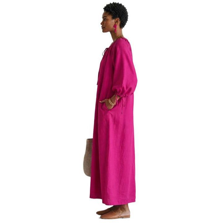 Damen Luftiges Leinenoptik-Maxikleid mit Kordelkragen, Ballonärmeln und Eingrifftaschen Drune