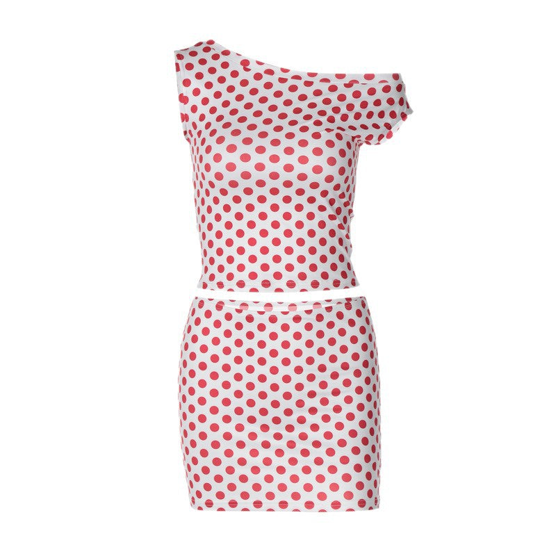 Damen figurbetontes Minikleid mit asymmetrischem Ausschnitt und gepunktetem Design Drune