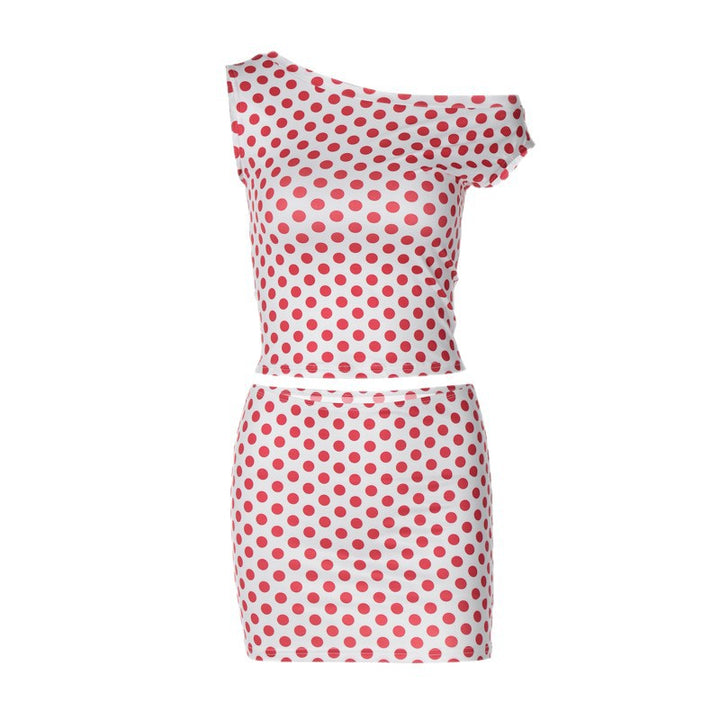Damen figurbetontes Minikleid mit asymmetrischem Ausschnitt und gepunktetem Design Drune