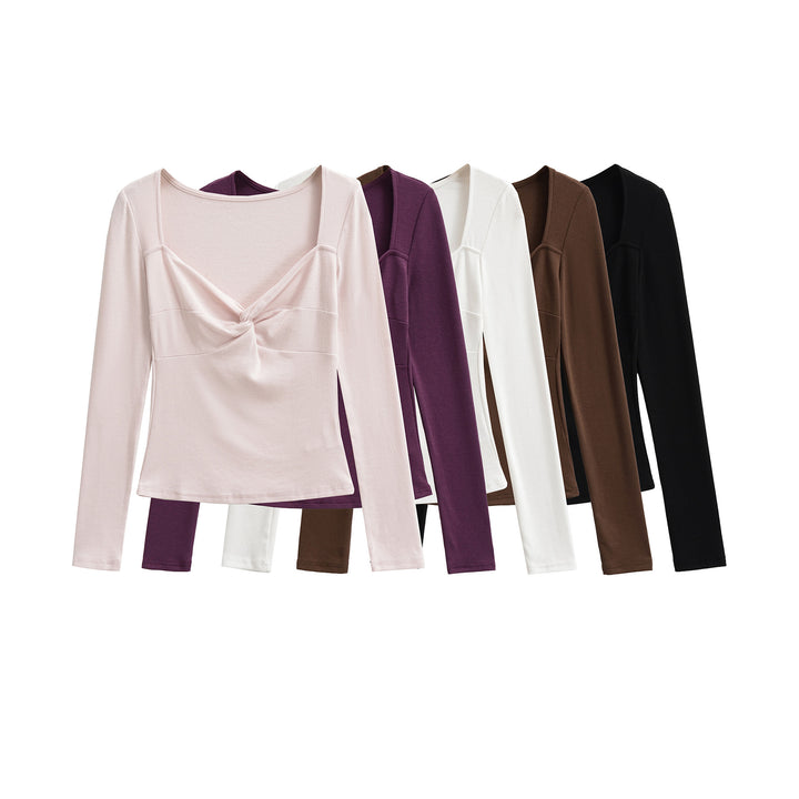 Damen Langarmshirt mit Drehknoten-Detail figurformendem Büstenteil und weiter Ausschnitt Drune