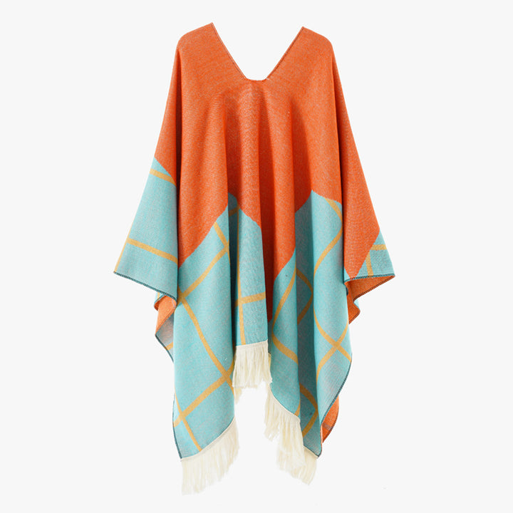 Damen Ornamentaler Jacquard‑Poncho mit V‑Ausschnitt und Fransensaum Drune