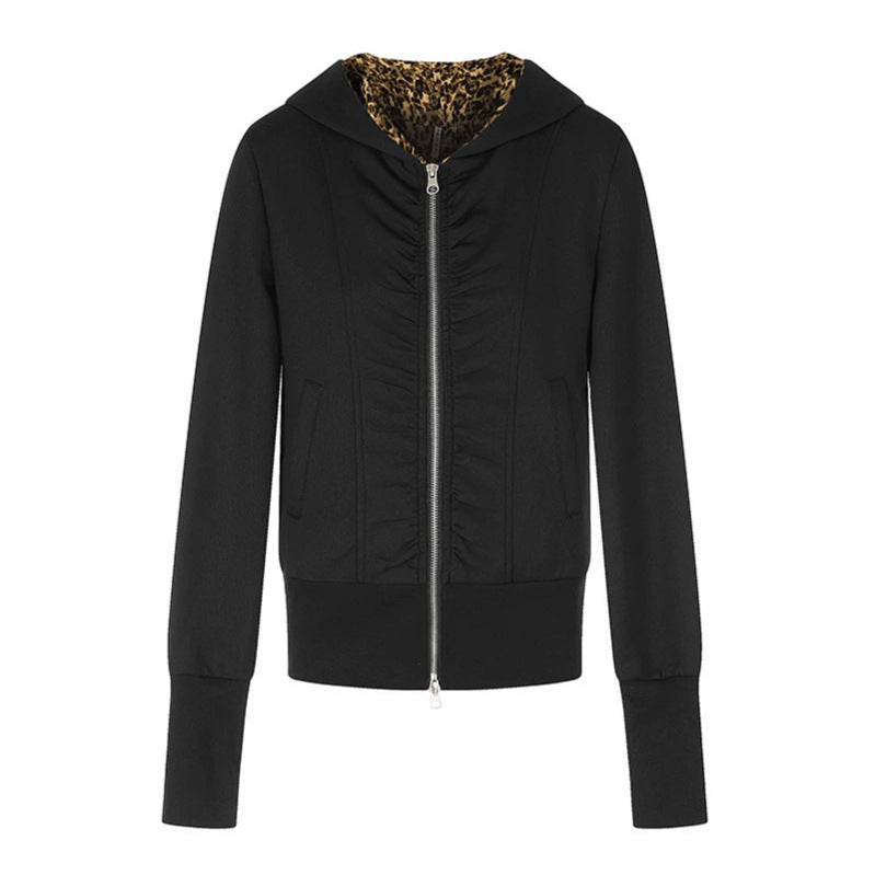 Damen Kapuzen‑Sweatjacke mit durchgehendem Reißverschluss, Raffungen vorn und Leo‑Kapuzefutter Drune