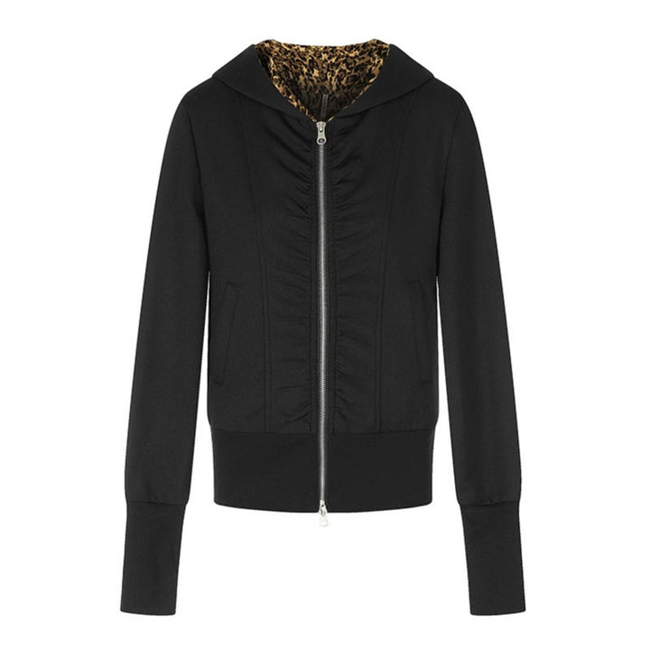 Damen Kapuzen‑Sweatjacke mit durchgehendem Reißverschluss, Raffungen vorn und Leo‑Kapuzefutter Drune
