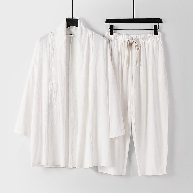 Unisex Lockeres Kimono-Lounge-Set aus leichter Baumwollmischung mit Schalkragen und Kordelbundhose Drune