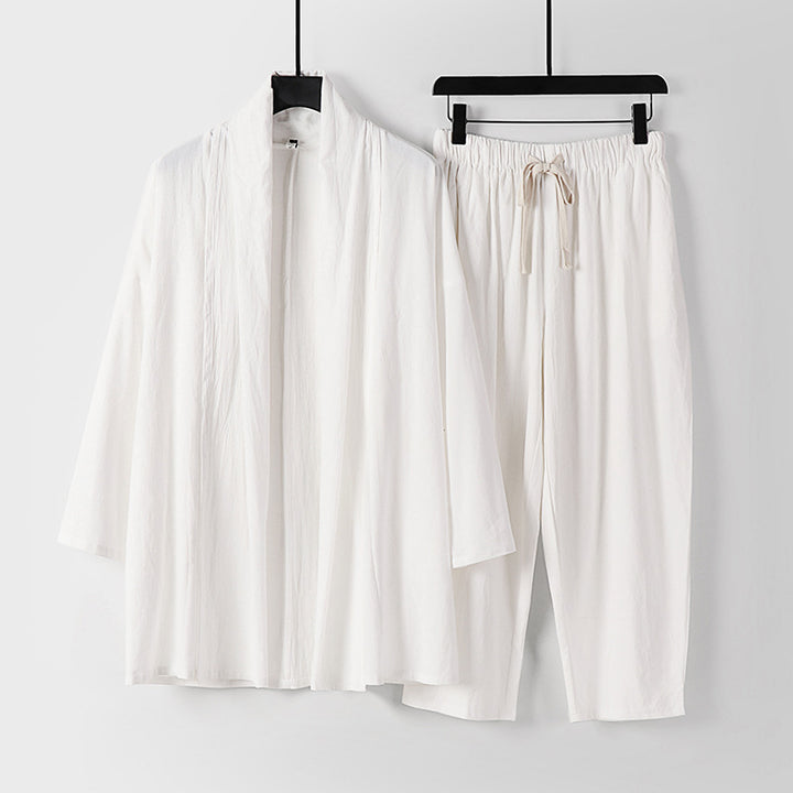 Unisex Lockeres Kimono-Lounge-Set aus leichter Baumwollmischung mit Schalkragen und Kordelbundhose Drune