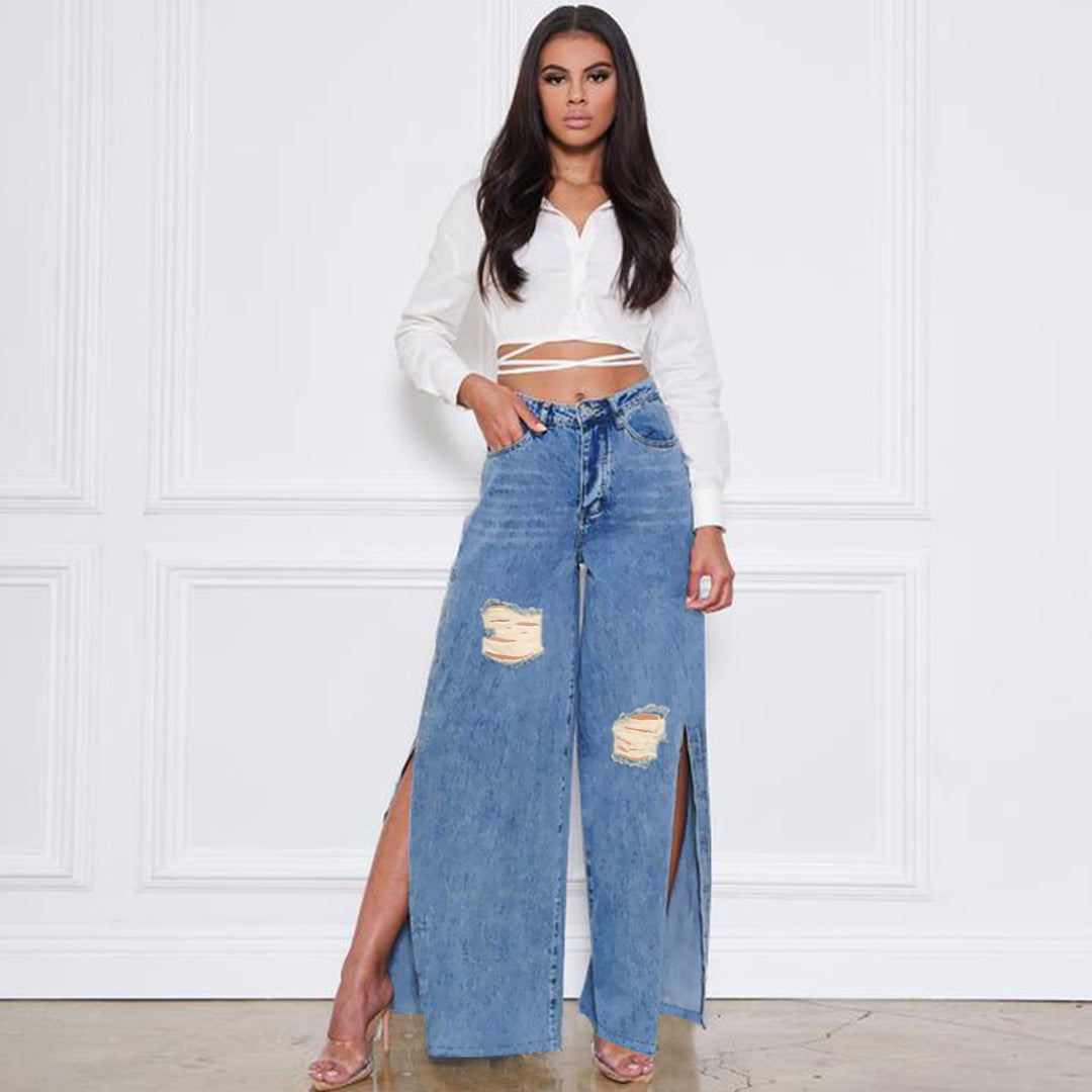 Damen hochgeschnittene Jeans mit weitem Bein, Knie-Rissen und seitlichen Beinschlitzen Drune