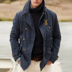 Herren Doppelreihiger Baumwoll-Peacoat mit Marineknöpfen und Stehkragen Drune