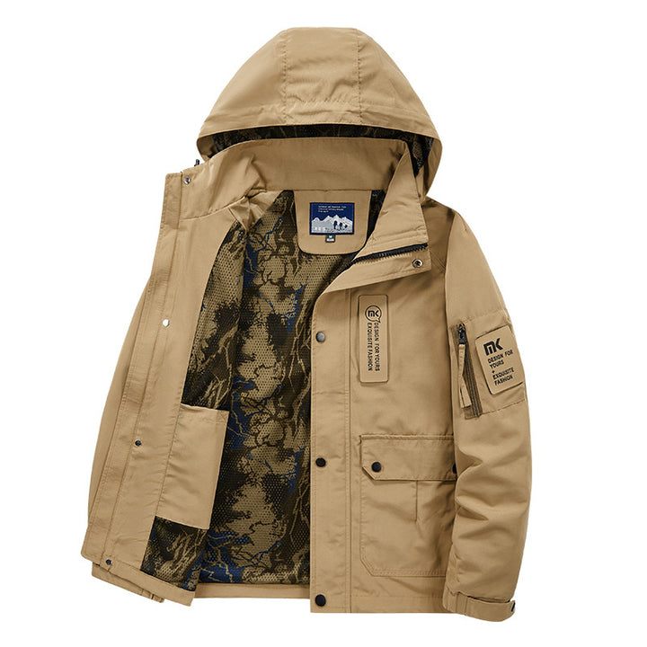 Herren Kapuzen-Fieldjacke mit Camouflage-Netzfutter und wasserabweisender Utility-Außenlage Drune