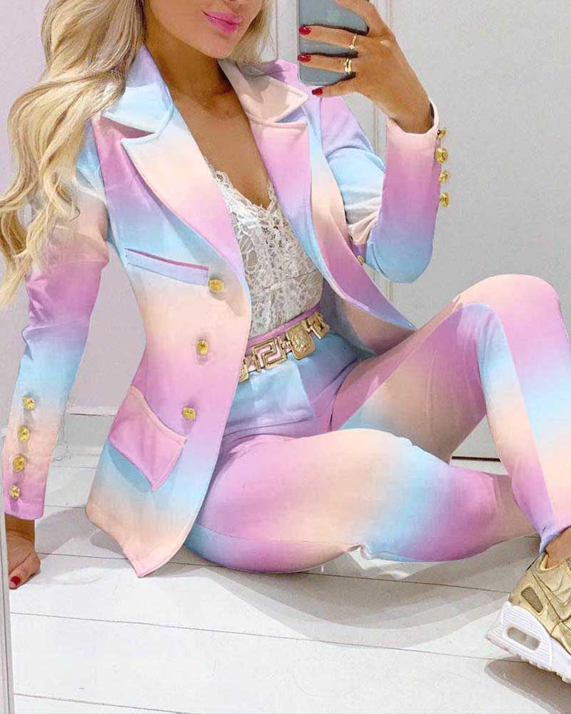 Damen Zweiteiliges Blazer-und-Hose-Set mit Schmetterlingsprint und glamourösem Glitzereffekt Drune