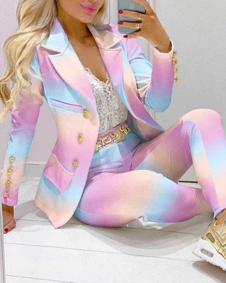 Damen Zweiteiliges Blazer-und-Hose-Set mit Schmetterlingsprint und glamourösem Glitzereffekt Drune