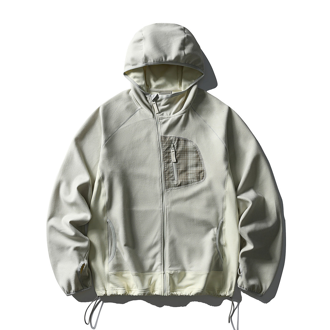 Unisex Leichte Tech-Fleece Kapuzenjacke mit Frontreißverschluss, Brust-Zip-Tasche und Kordelzugsaum Drune
