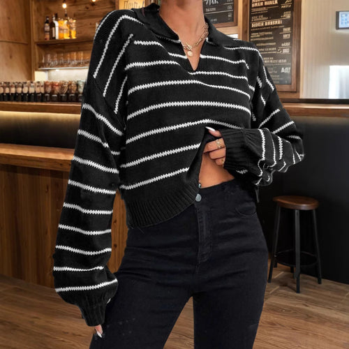 Damen moderner cropped Pullover mit Streifen und tiefem V-Ausschnitt Drune