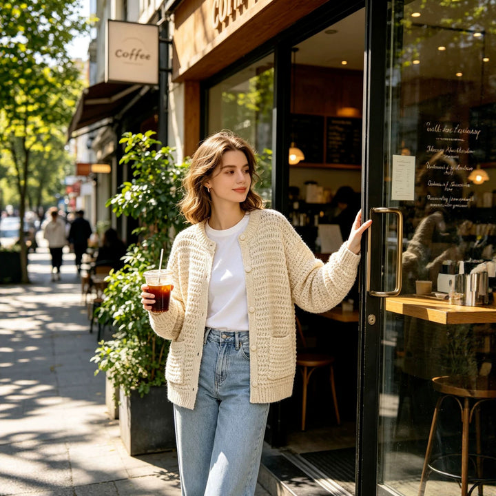 Damen Grobgestrickter Oversize-Cardigan mit Knopfleiste und aufgesetzten Taschen Drune