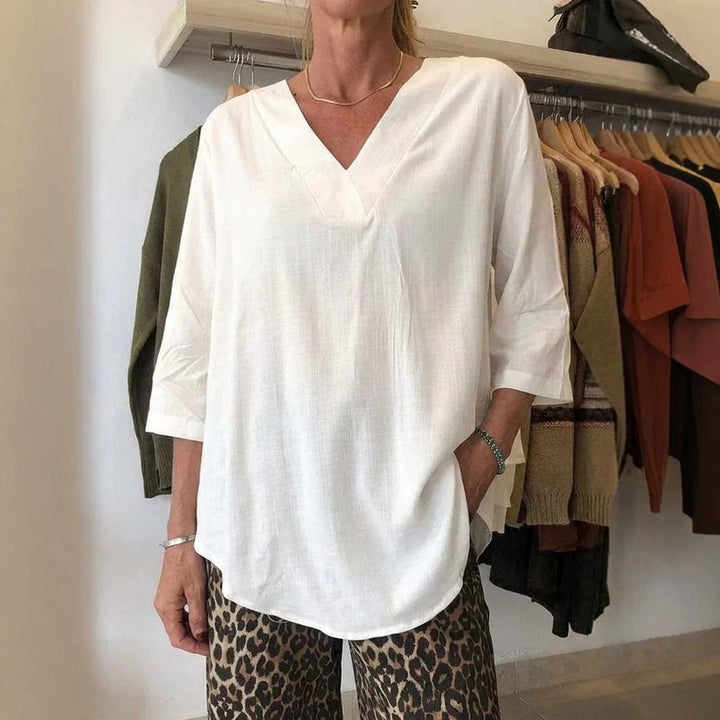 Damen Leichte Oversize V-Ausschnitt Tunika in Leinenoptik mit dreiviertel Ärmeln und abgerundetem Saum Drune