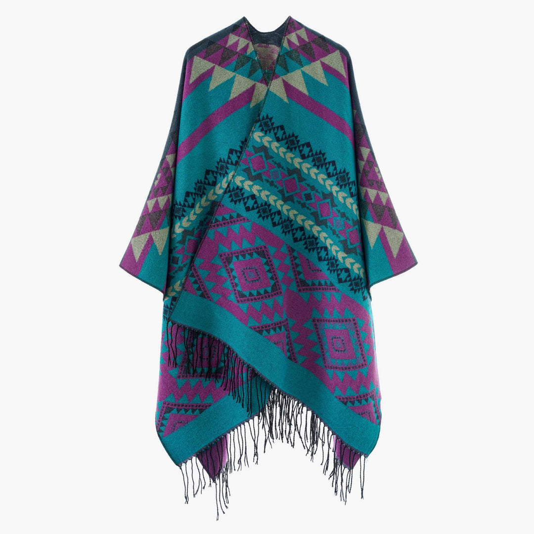 Damen Oversize Jacquard‑Überwurf im Ethno‑Muster mit Fransen Drune