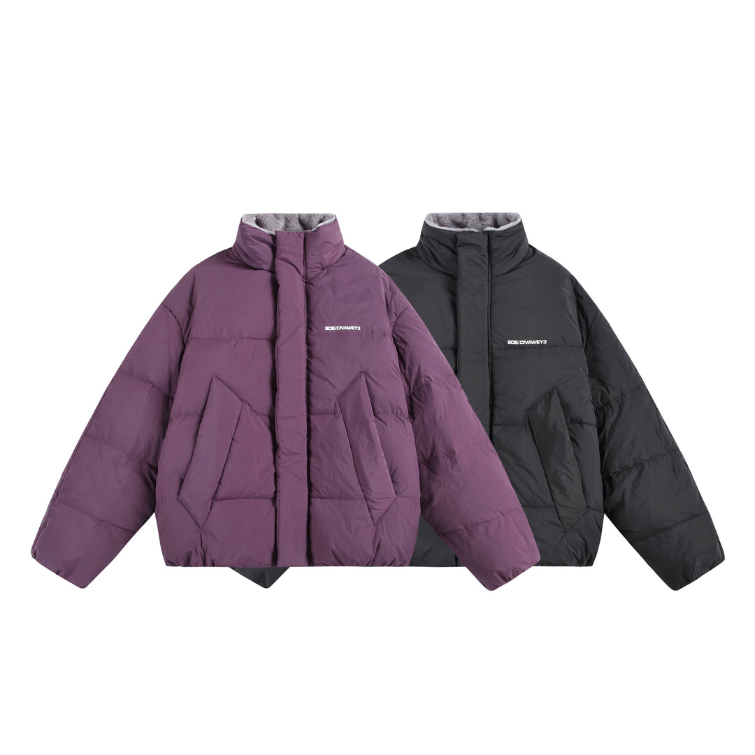Damen Oversize Steppjacke mit hohem Plüschkragen und Windschutzleiste Drune