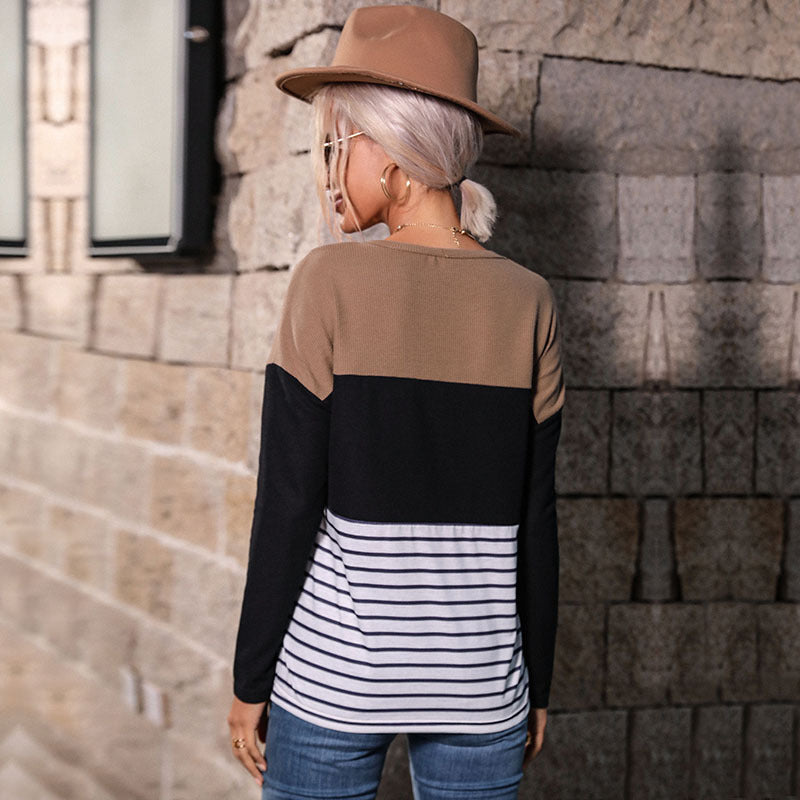 Damen Leichtes Rundhals‑Strickshirt mit Waffelstruktur‑Schulter und maritimem Streifenbund Drune